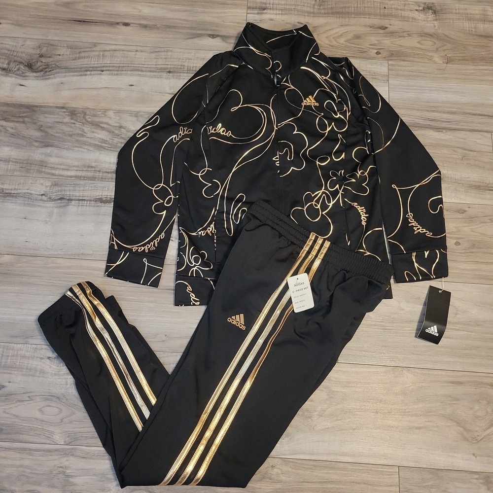 Adidas Track Suit Jacket Pants Youth 10-12 Medium Black Gold AOP NEW